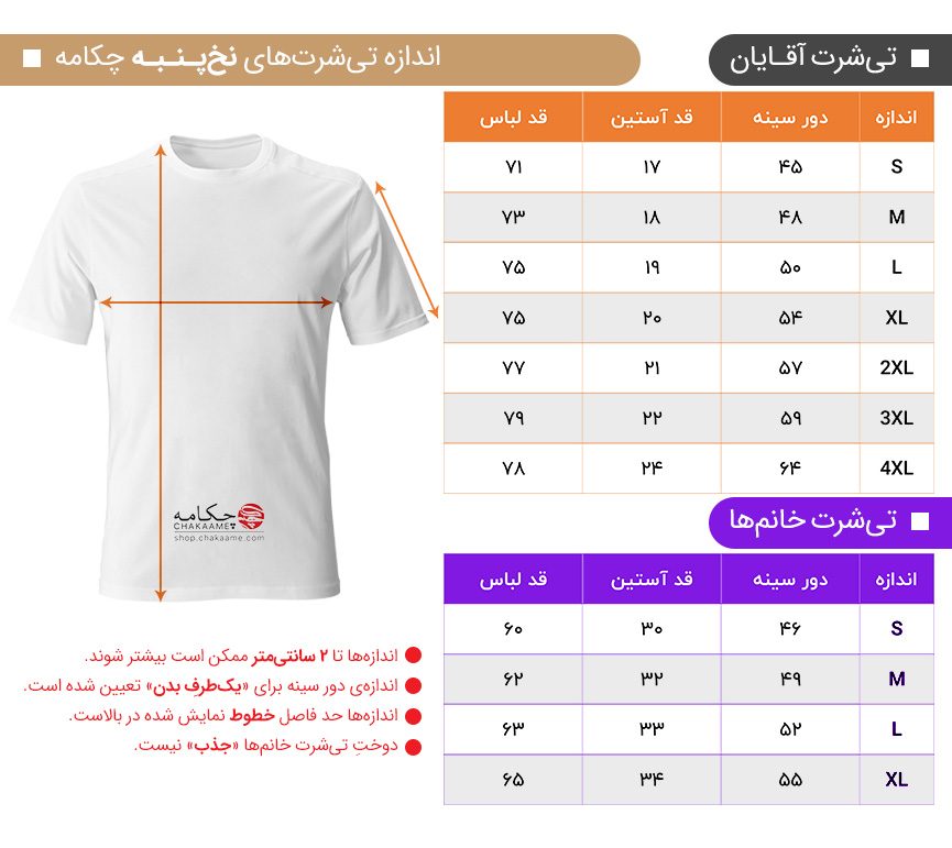 جدول اندازه‌های تیشرت